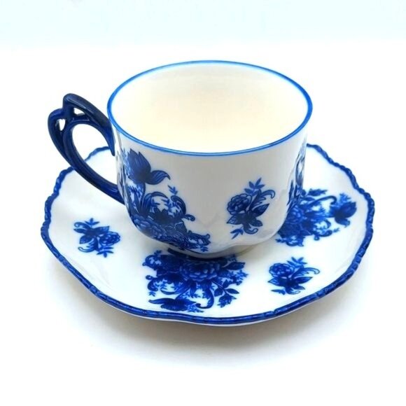 Godinger Blue & White Floral Porcelain Teacup and Saucer Ashley Grace Collection - Picture 1 of 9